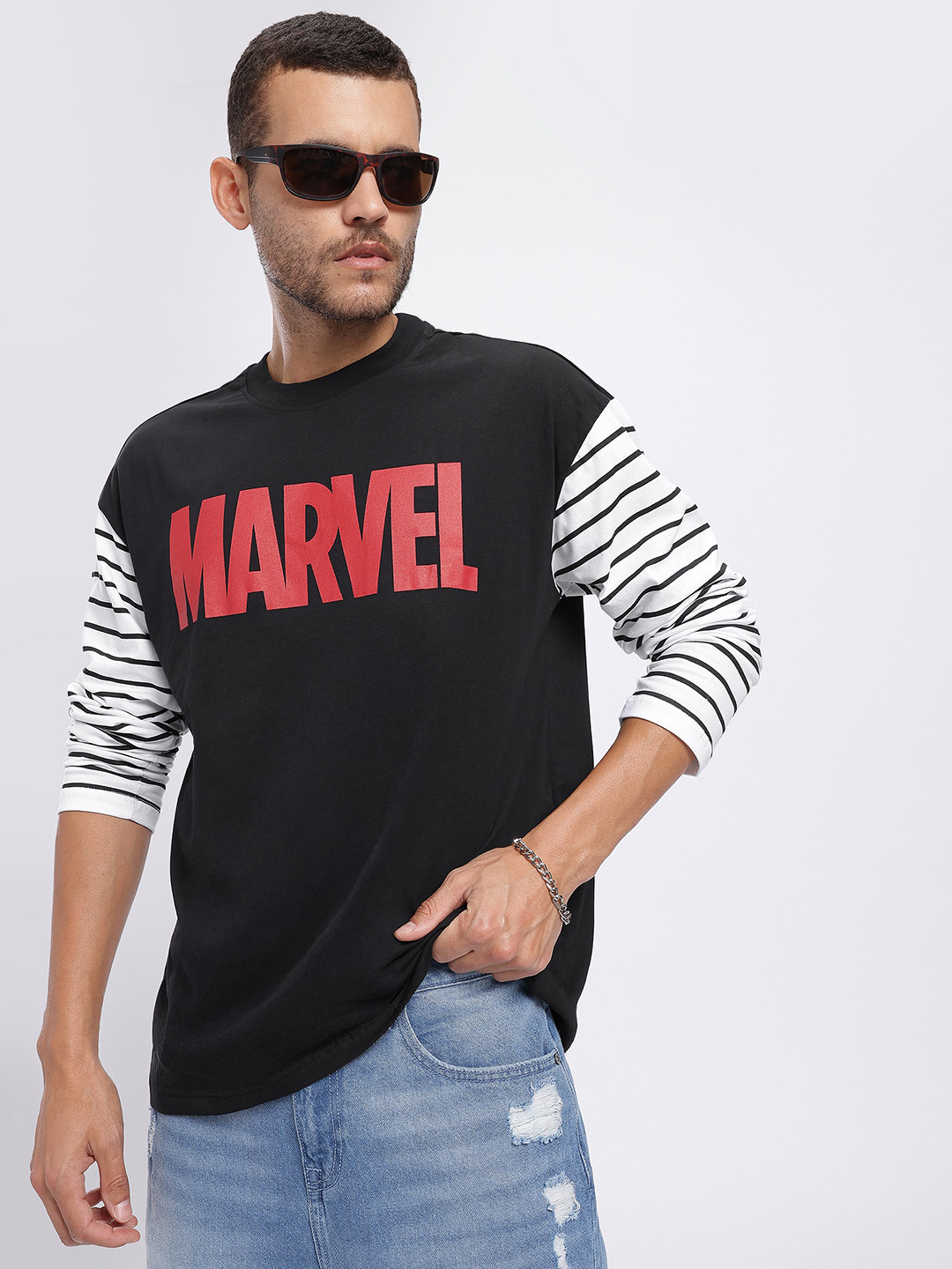 Marvel by Glitchez Print Contrast Stripe Sleeve Oversize T-shirt