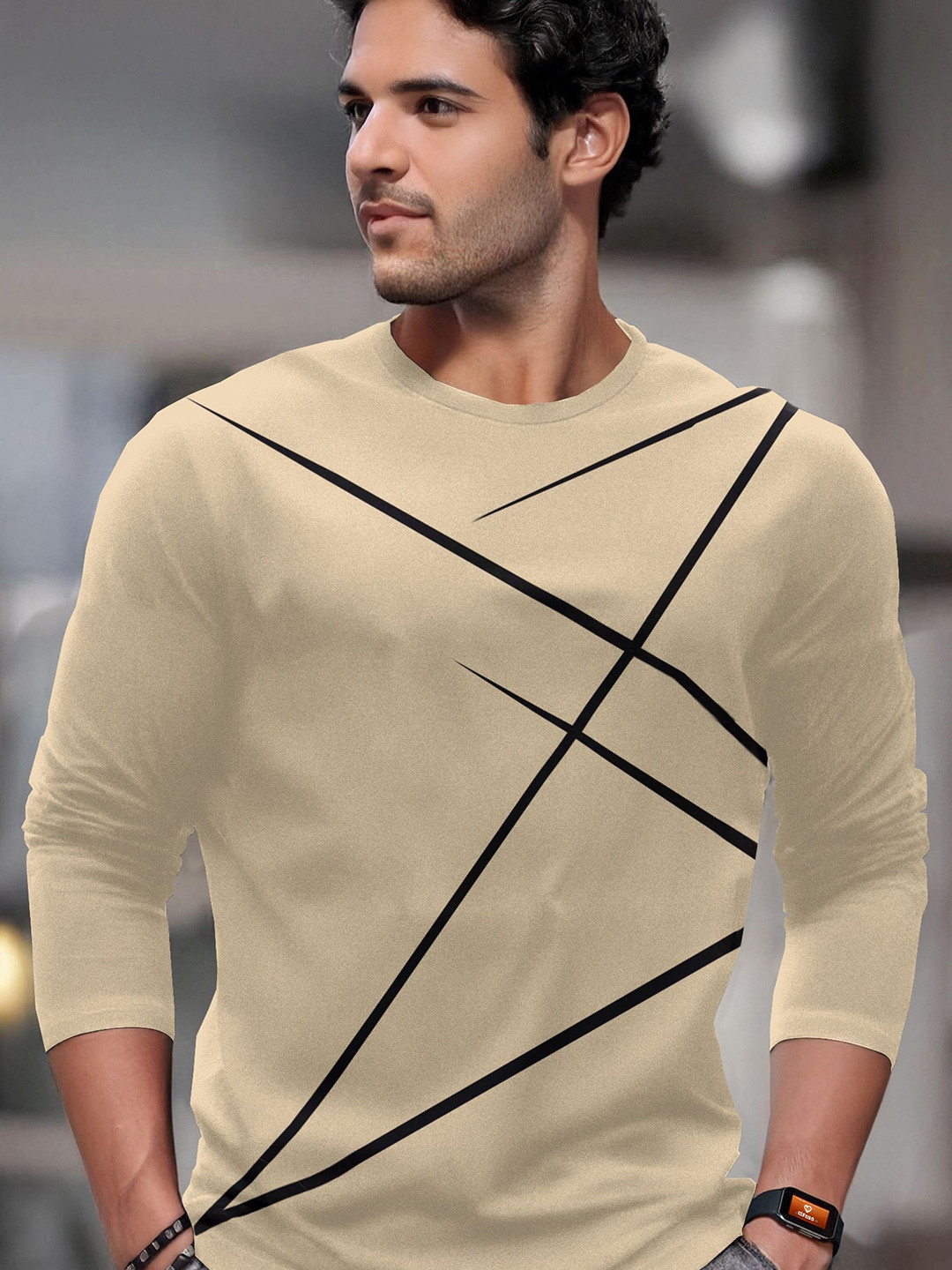 Beige & Black Abstract Printed Round Neck Casual T-shirt