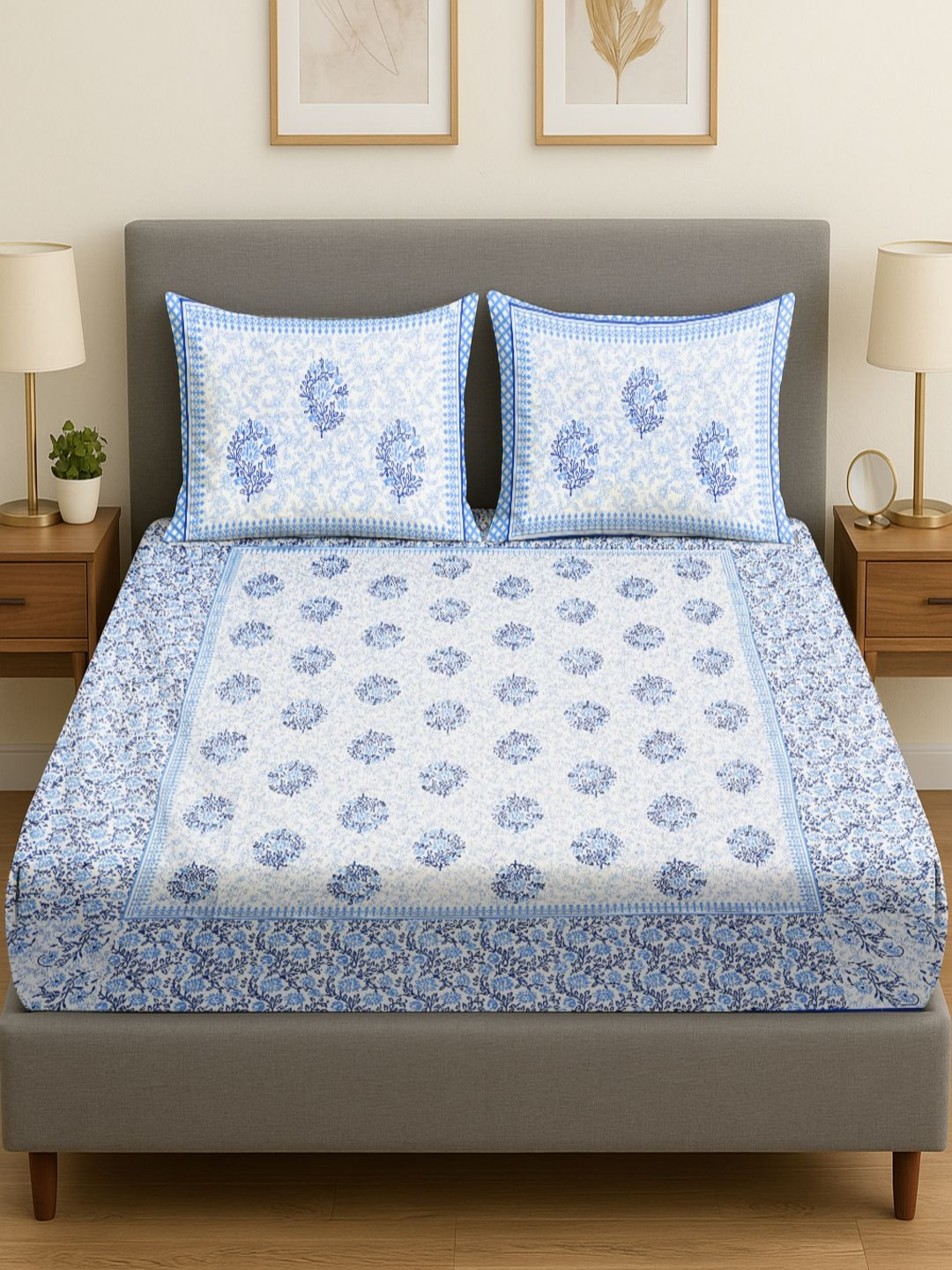 Myntra Elegant Homes Regal Blue Ethnic Motifs Cotton Breathable 300 TC Queen Fine Bedsheet with 2 Pillow Covers-239 x 224 cm