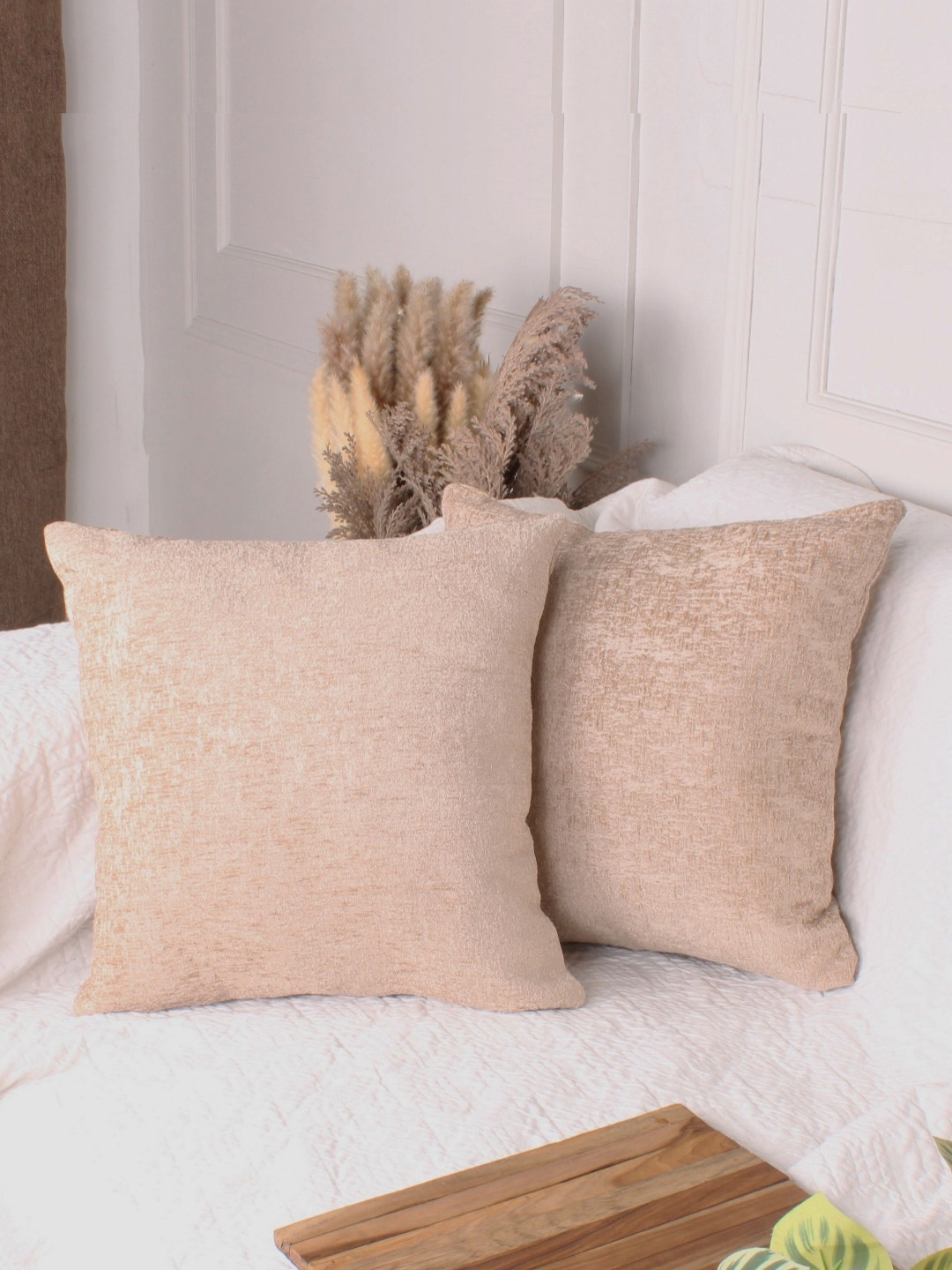 STITCHNEST Beige Chenille Durable 2 Piece Textured Square Cushion Covers -16x16In