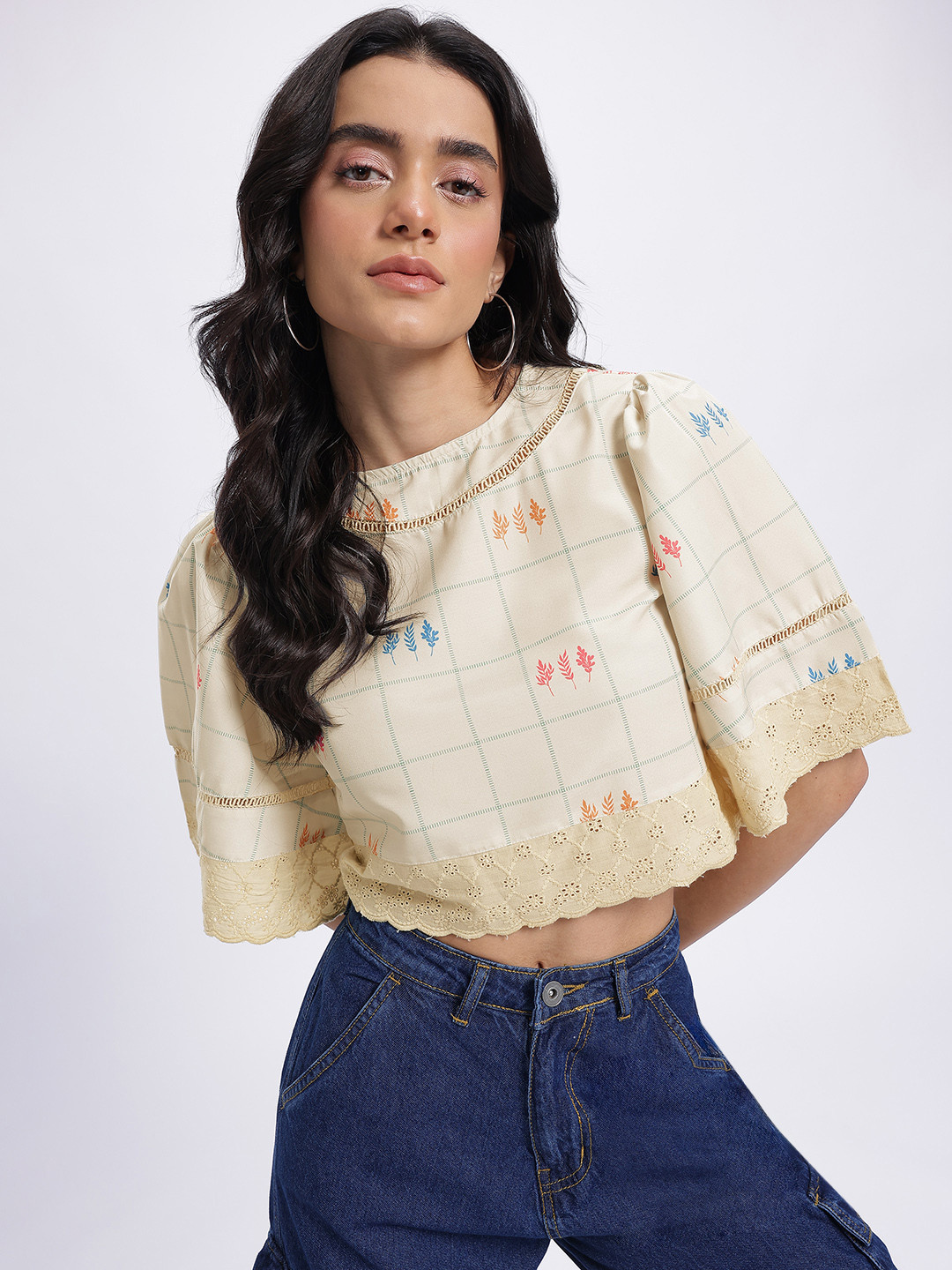 DressBerry Checked Lace Inserts Flared Sleeves Crop Top with Floral Prints