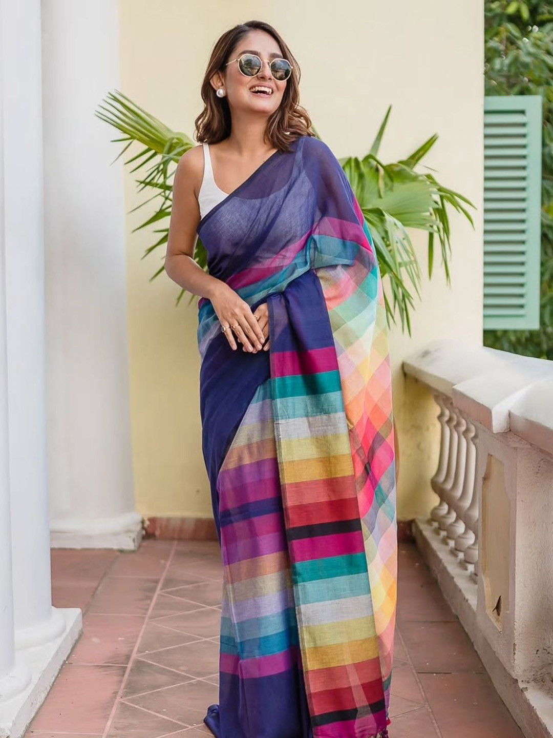 ODETTE Multi Colour Cotton Blend Printed Saree For Women