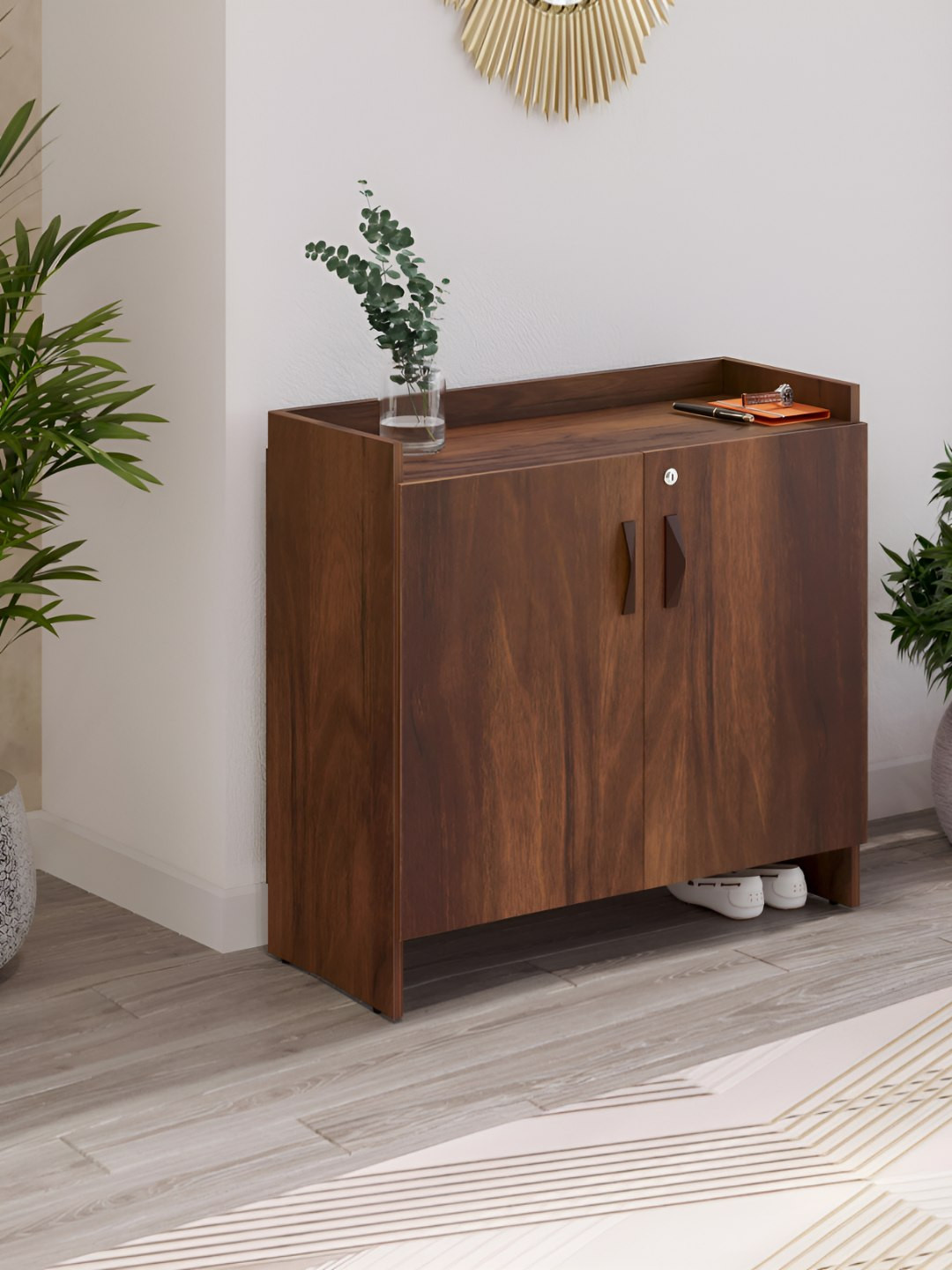 bluewud Brown 3-Layers EngineeredWood 2 Doors Shoe Rack With Lock