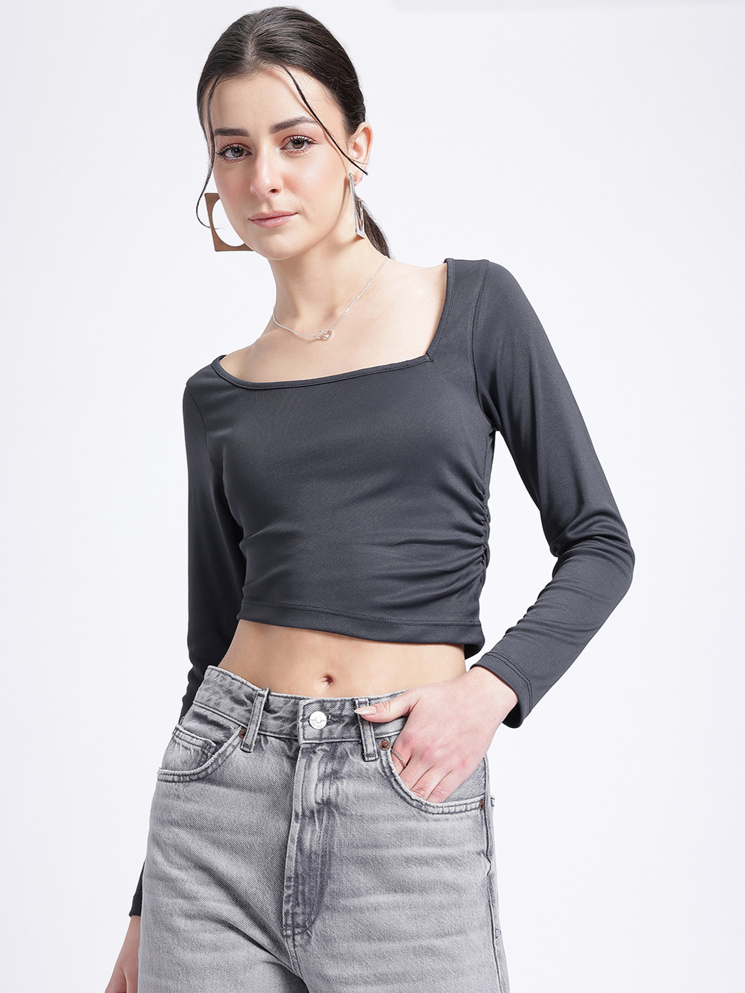 glitchez Square Neck Ruched Crop Top