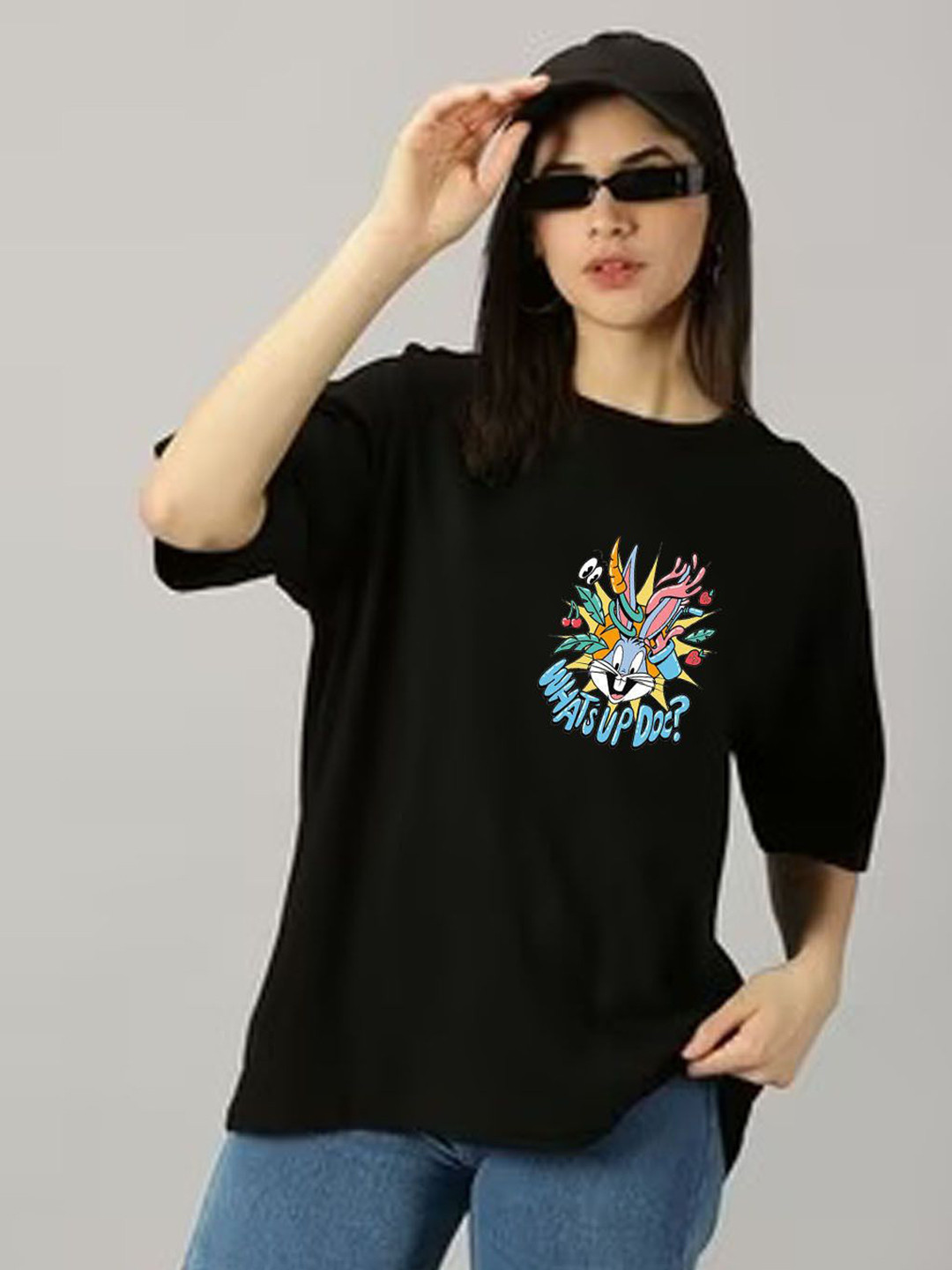 Parona Bugs Bunny Graphic Printed Drop-Shoulder Sleeves Cotton Round Neck Oversize T-shirt