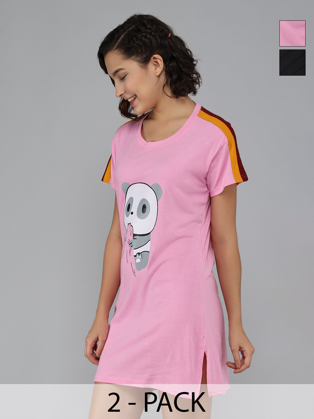 Christy World Panda Animal Printed Pack Of 2 Round Neck Cotton T-shirts