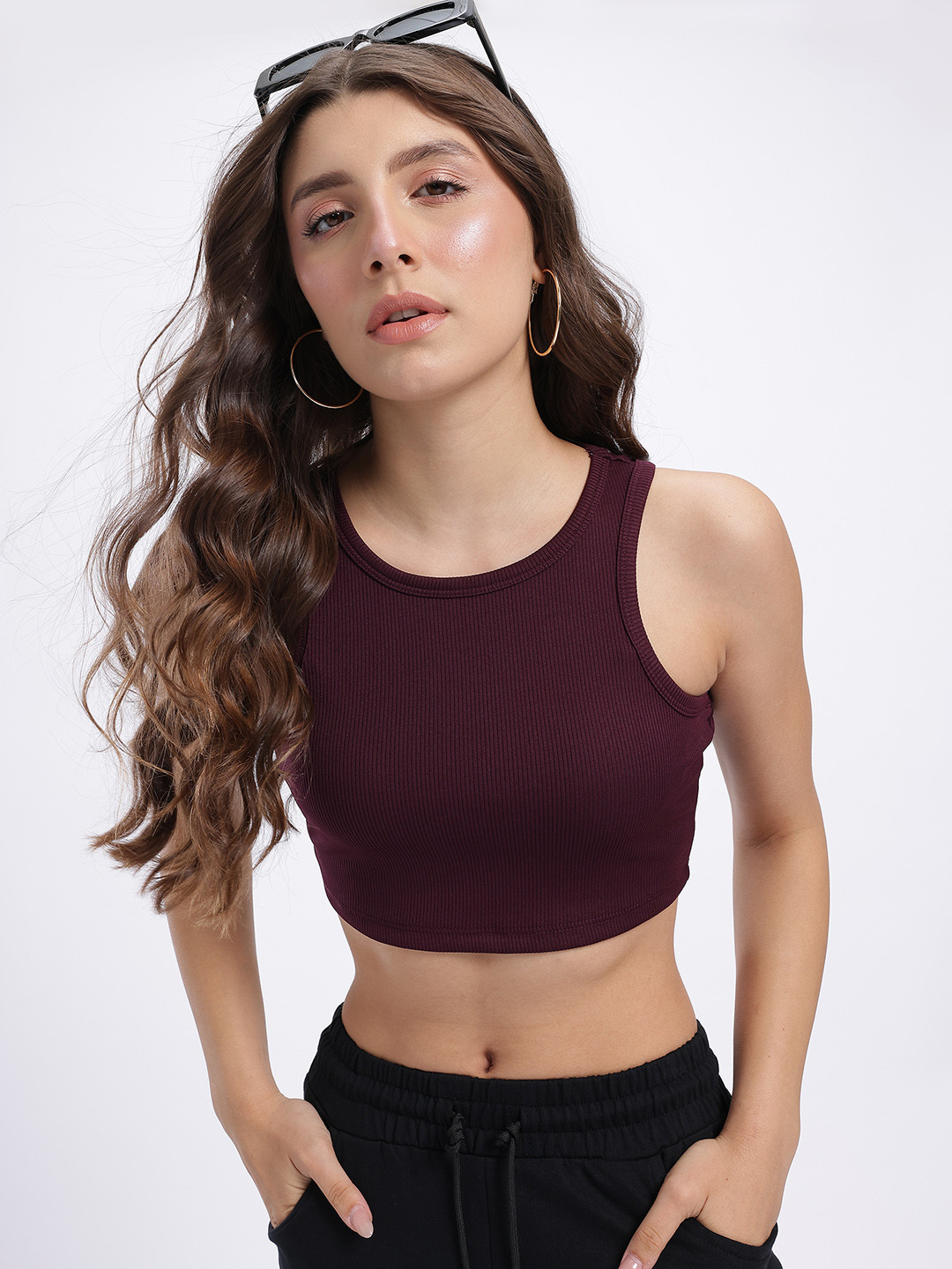 glitchez Burgundy Ribbed Sleeveless Crop Top