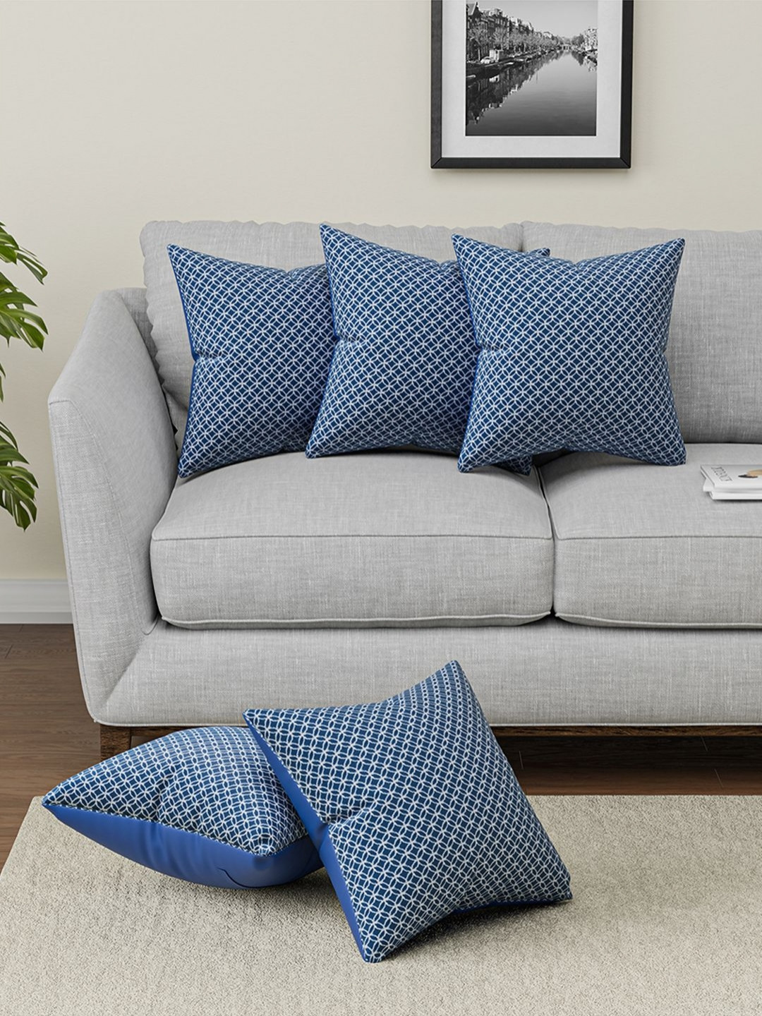 Aura Blue & White 5 Pieces Square Microfiber Cushion Covers
