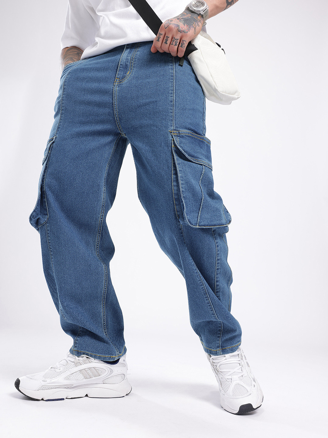glitchez Men Wide Leg Stretchable Cargo Jeans