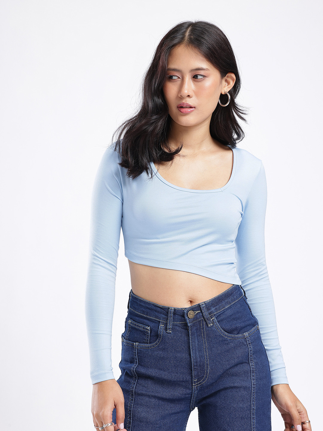 glitchez Asymmetrical Hem Scoop Neck Fitted Crop Top