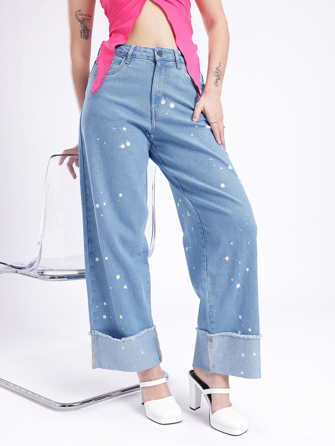 glitchez Women Baggy Fit Splashed Print Folded Frayed Hem High-Rise Jeans