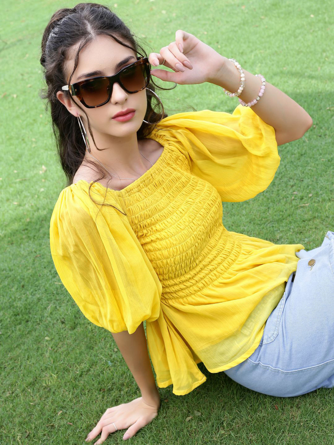 Sera Women Sunburst Smocked Baloon Sleeve Glow-Up Essential Top