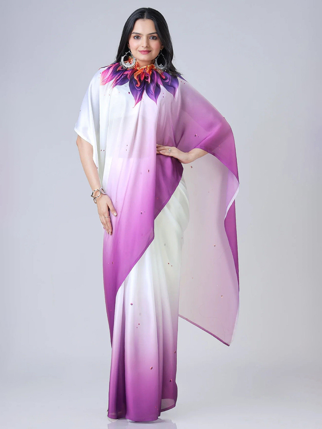 Shopaz Women Ombre Dyed Soft Satin Printed Kaftan Handsfree Saree With Unstitched Blouse