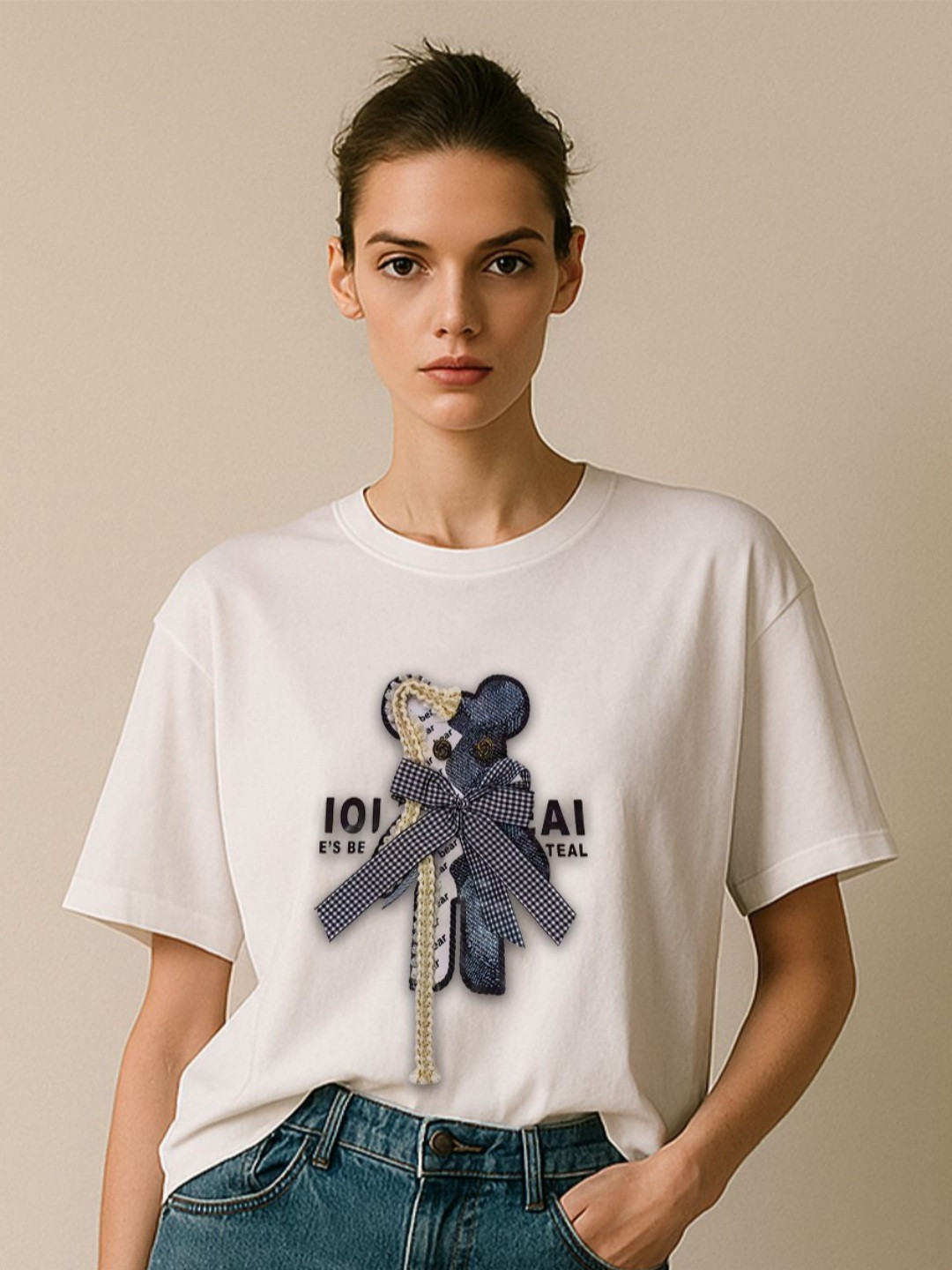 GRACE & JACK Women White Teddy Charm Denim 3D Bow & Lace T-shirt