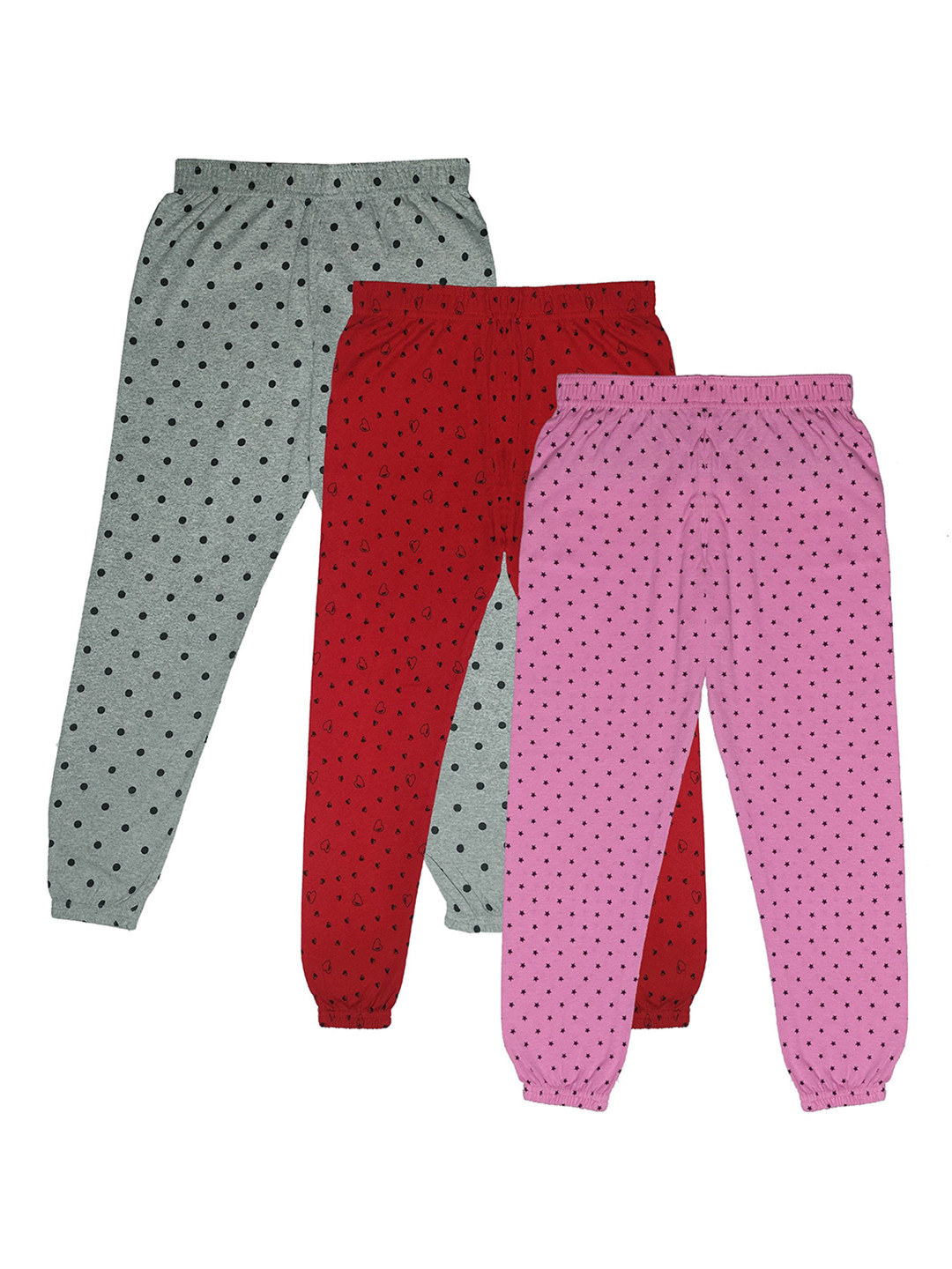 FASLA Girls Pack Of 3 Polka Printed Cotton Mid-Rise Joggers