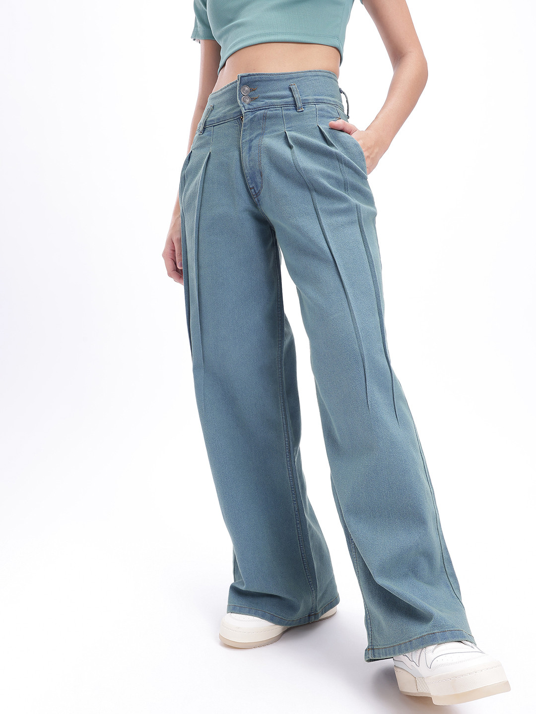 glitchez Women Stretchable Vintage Wash Wide Leg Jeans with Front Pleats