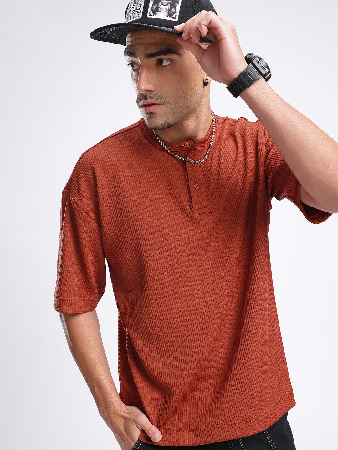 glitchez Ribbed Henley Neck Oversized T-shirt