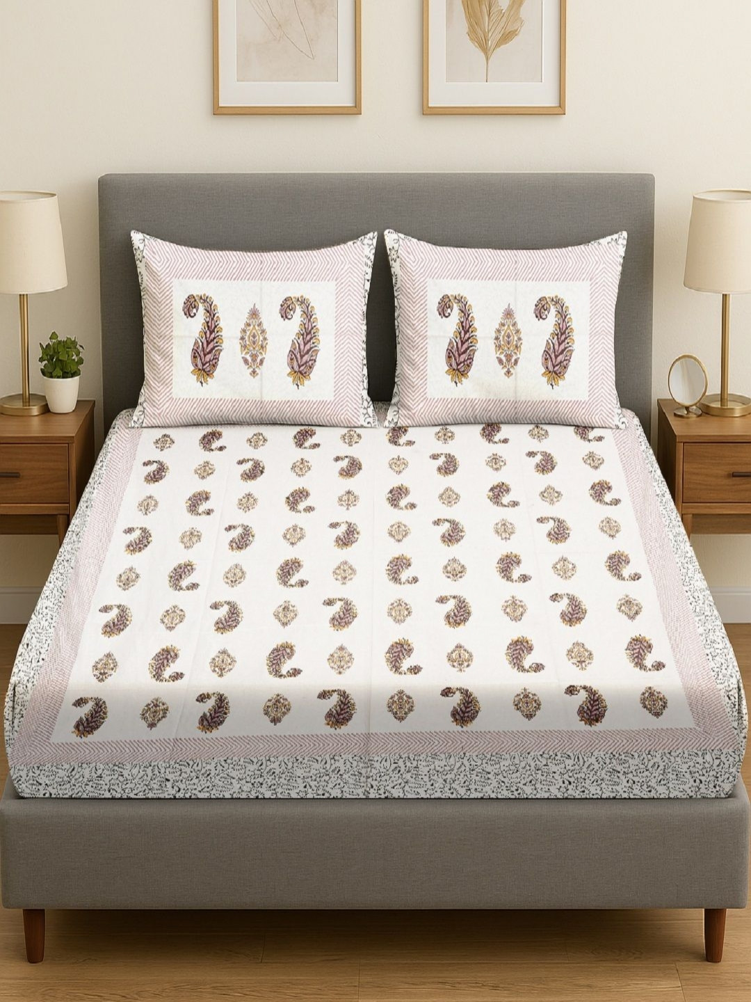 RRC White Paisley Cotton Breathable 300 TC King Fine Bedsheet with 2 Pillow Covers-237 x 274 cm