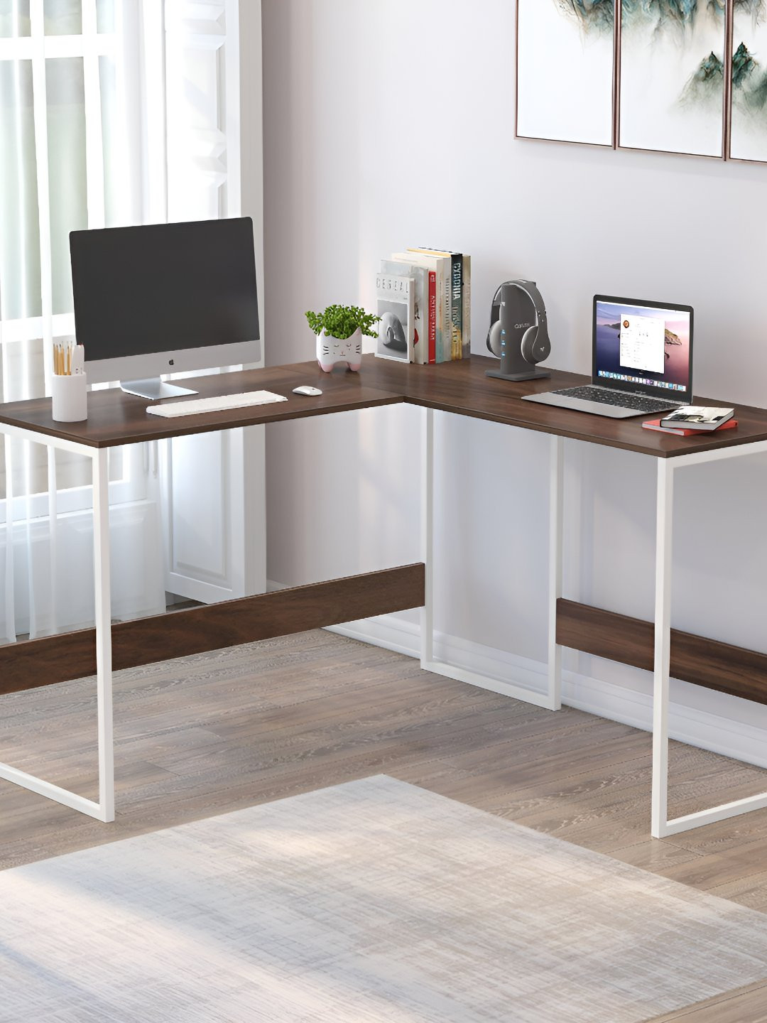 bluewud Brown & White Engineered Wood Metal Legs L-Shaped Study & Computer Table