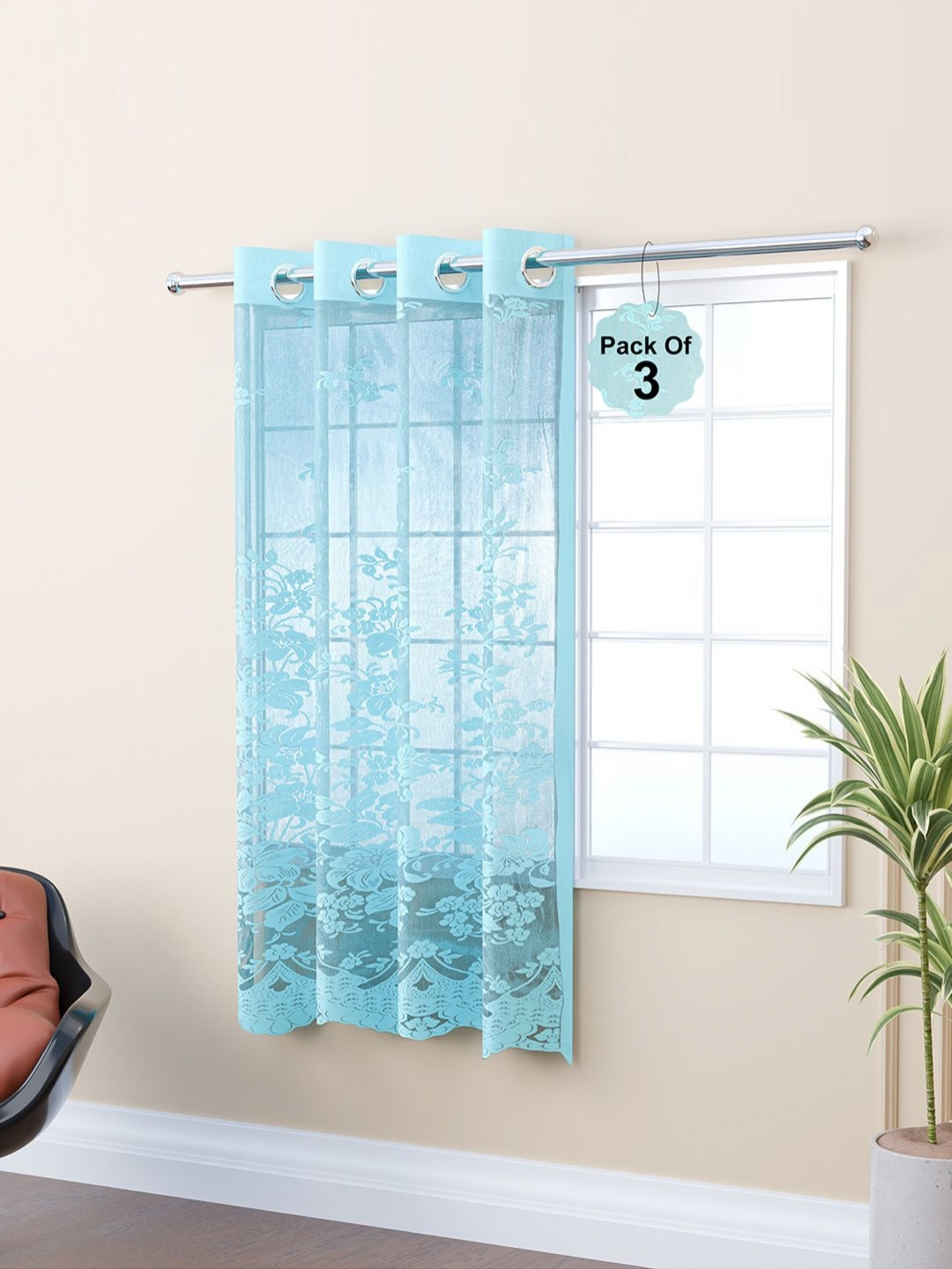 Aura Green 3 Pieces Floral Embroidered Window Curtains