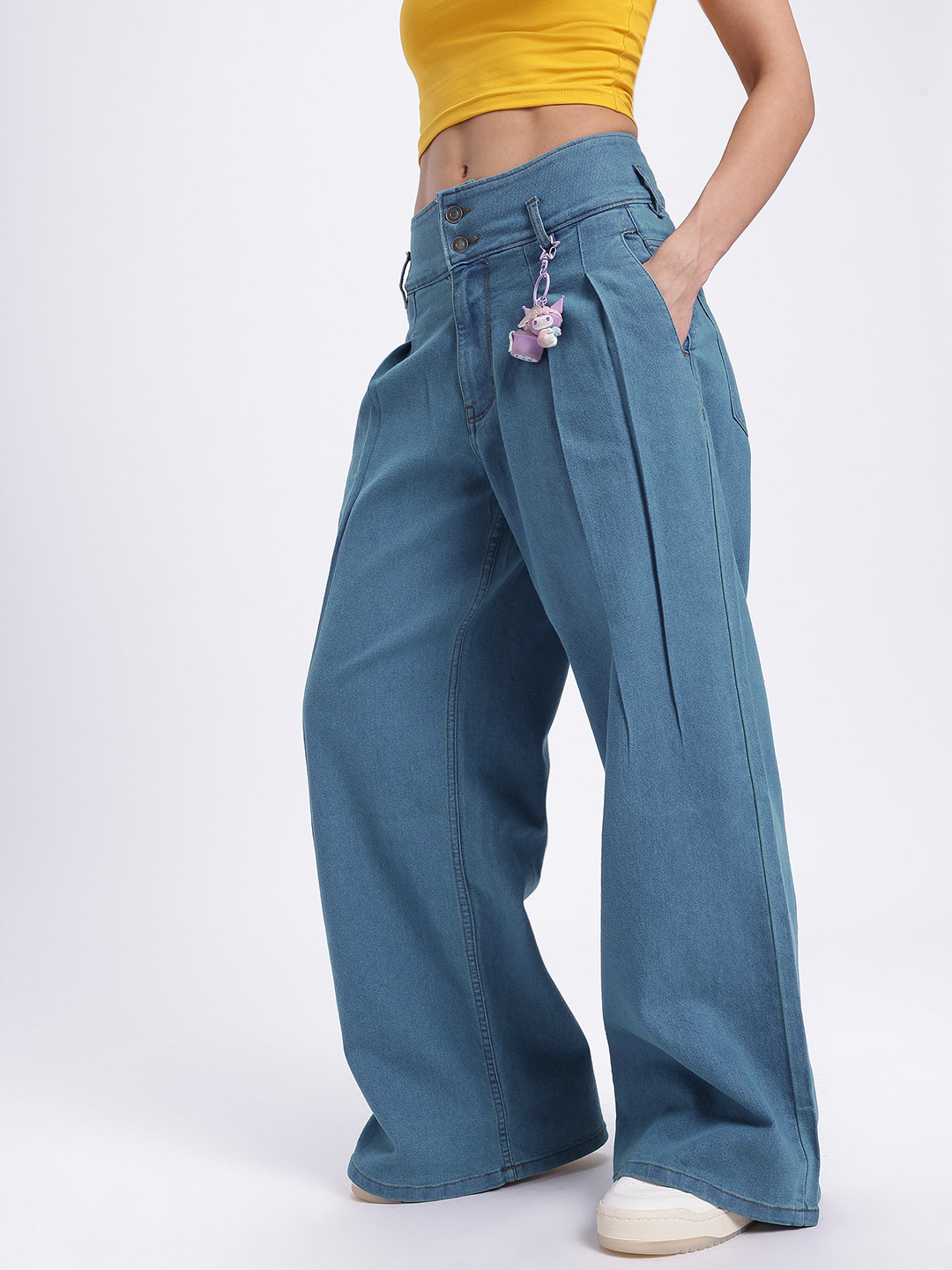 glitchez Women Mid-Rise Stretchable Wide Leg Jeans with Front Pleats