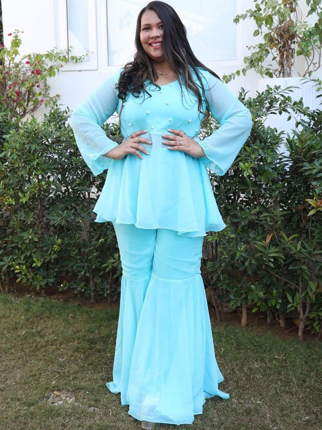 Swadeshi Shringaar Embellished Ocean Breeza Georgette Sharara Set