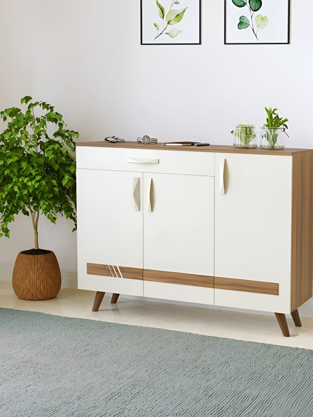 bluewud Kaspen Brown & White Wooden  Shoe Rack With Drawer