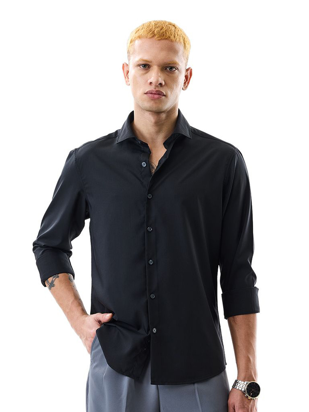 Snitch Roll-Up Sleeves Slim Fit Casual Shirt