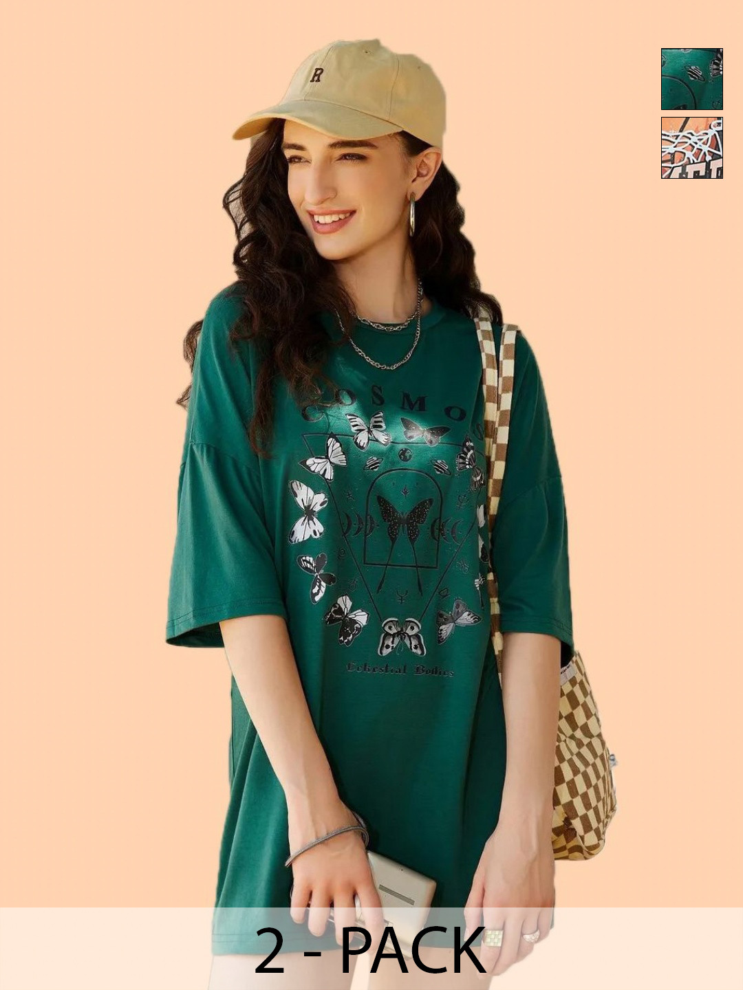 Christy World Butterfly Graphic Printed Pack Of 2 Round Neck Oversized Cotton T-shirts