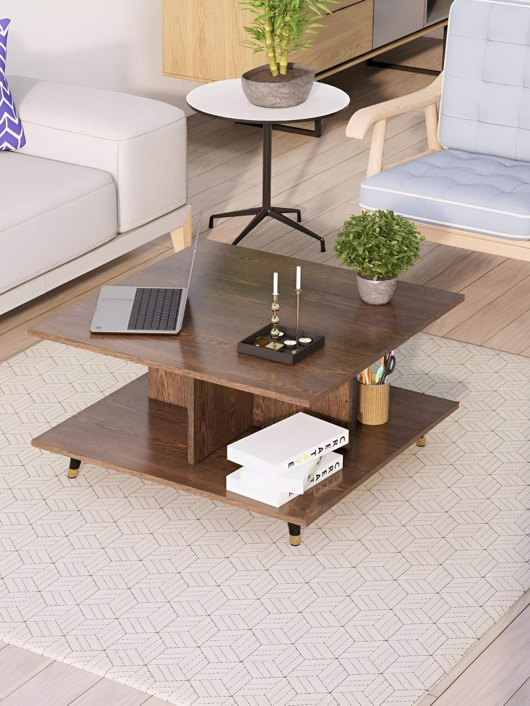 HEXA RED Brown Textured Wooden Square Coffee Table