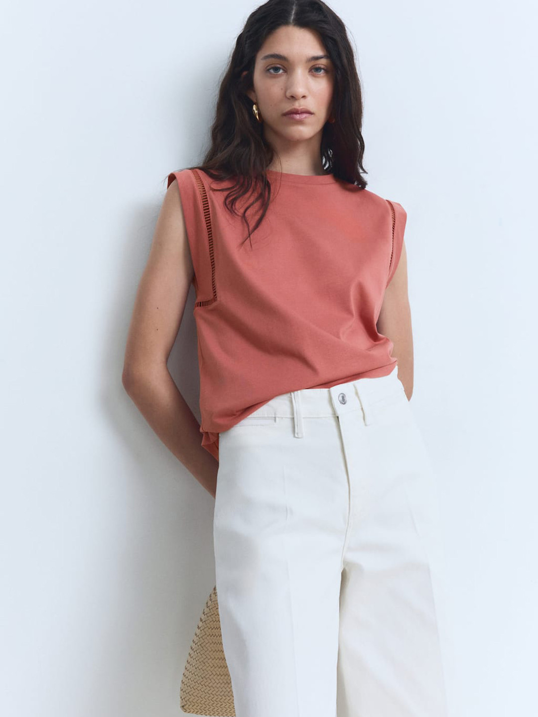 MANGO Lace Insert Detail Pure Cotton Regular Fit T-shirt