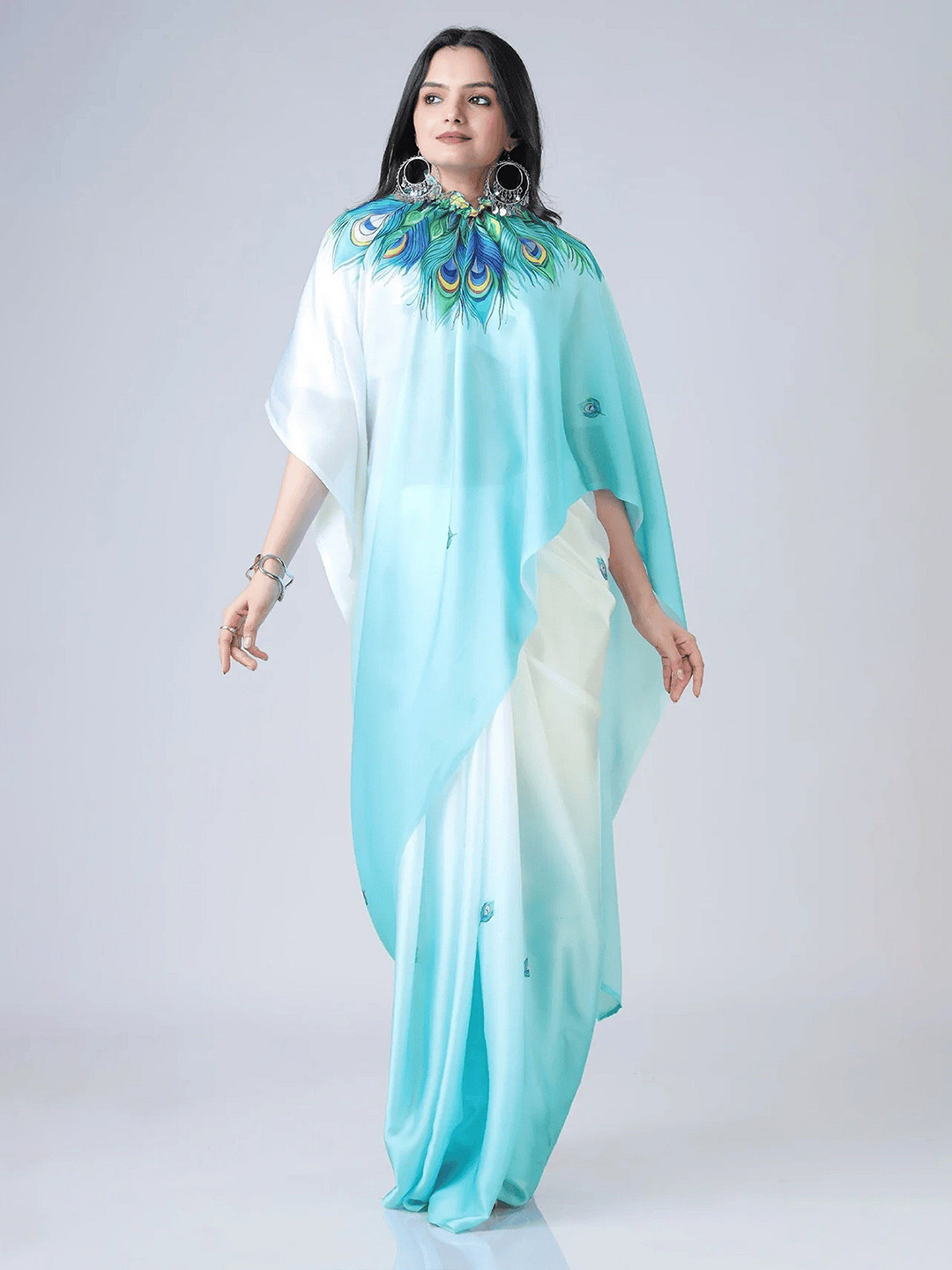 Shopaz  Soft Satin Printed Designer Kaftan Handsfree Saree With Unstitched Blouse