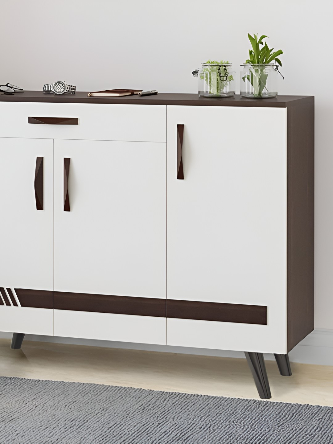 bluewud  Brown & White Engineered Wood 6-Layers 3 Doors Shoe Rack With Drawer