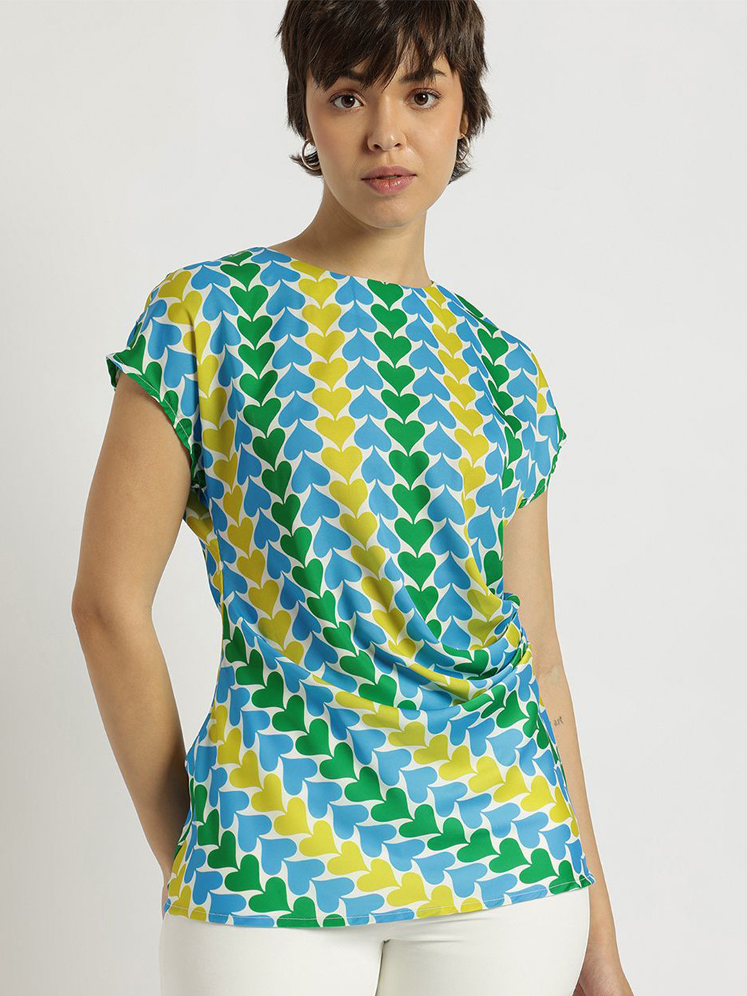 FableStreet Women Print Satin Gathered Top
