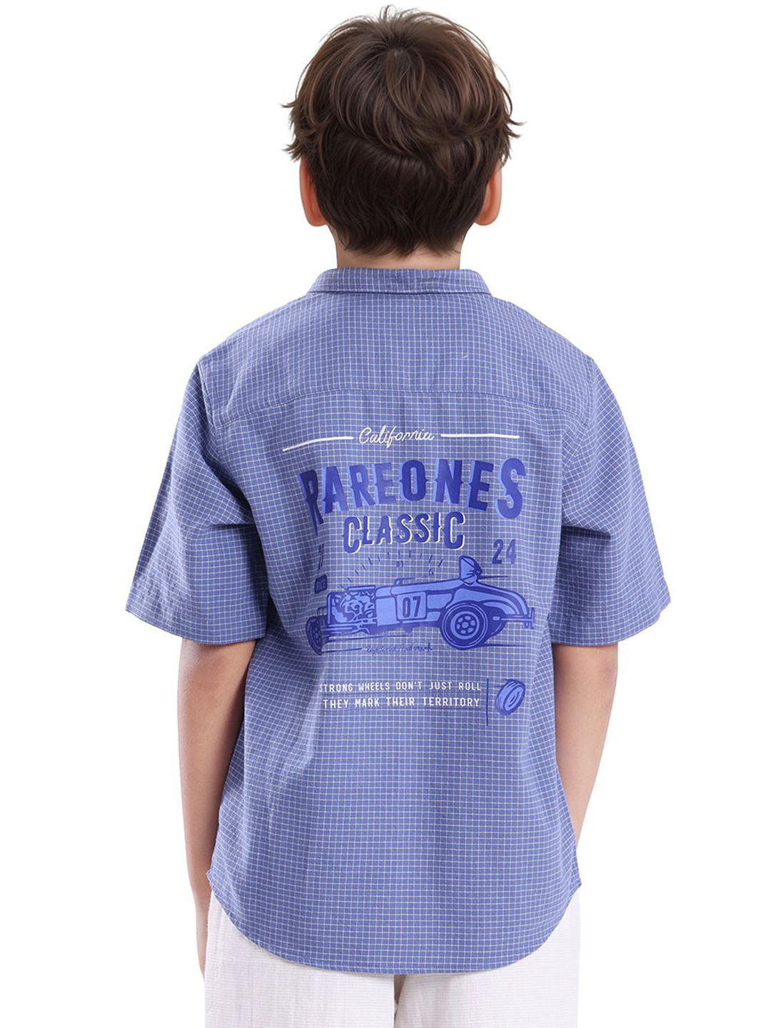 RARE ONES Boys Micro Checks Printed Spread Collar Short Sleeves Casual Cotton Shirt
