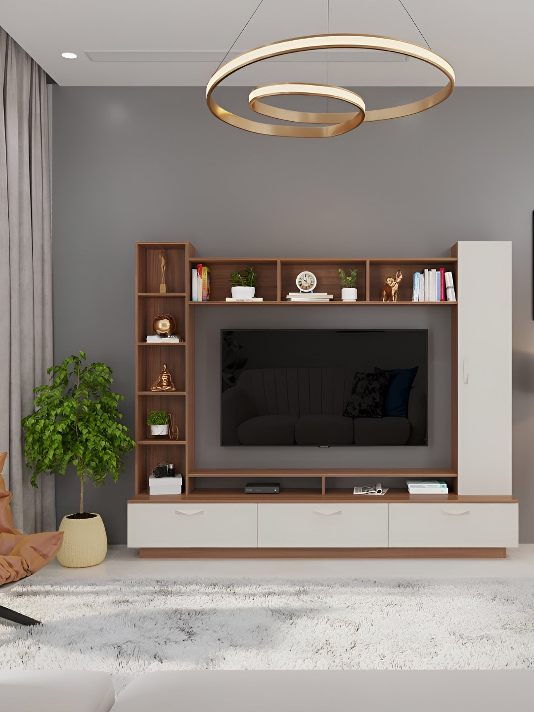 bluewud Fenily Brown & White Engineering Wood Abrasion Resistance TV Entertainment Unit