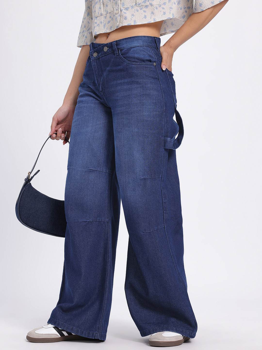 glitchez Women Strap Detail Asymmetric Closure Wide Leg Jeans