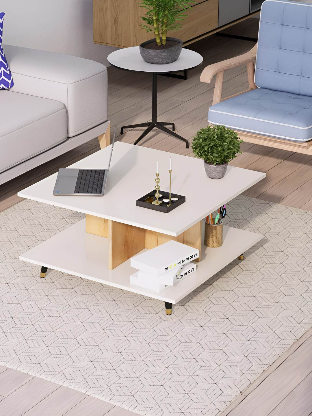 HEXA RED White & Brown Textured Wooden Square Coffee Table