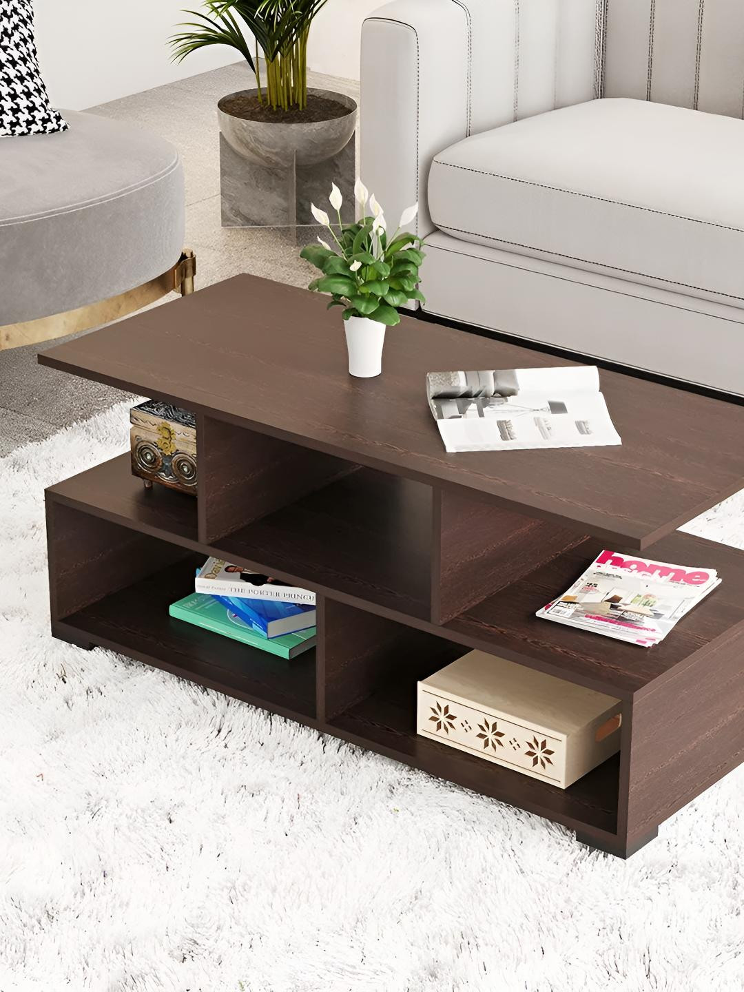 bluewud Victor Brown Textured Wooden & Metal Rectangle Coffee Table