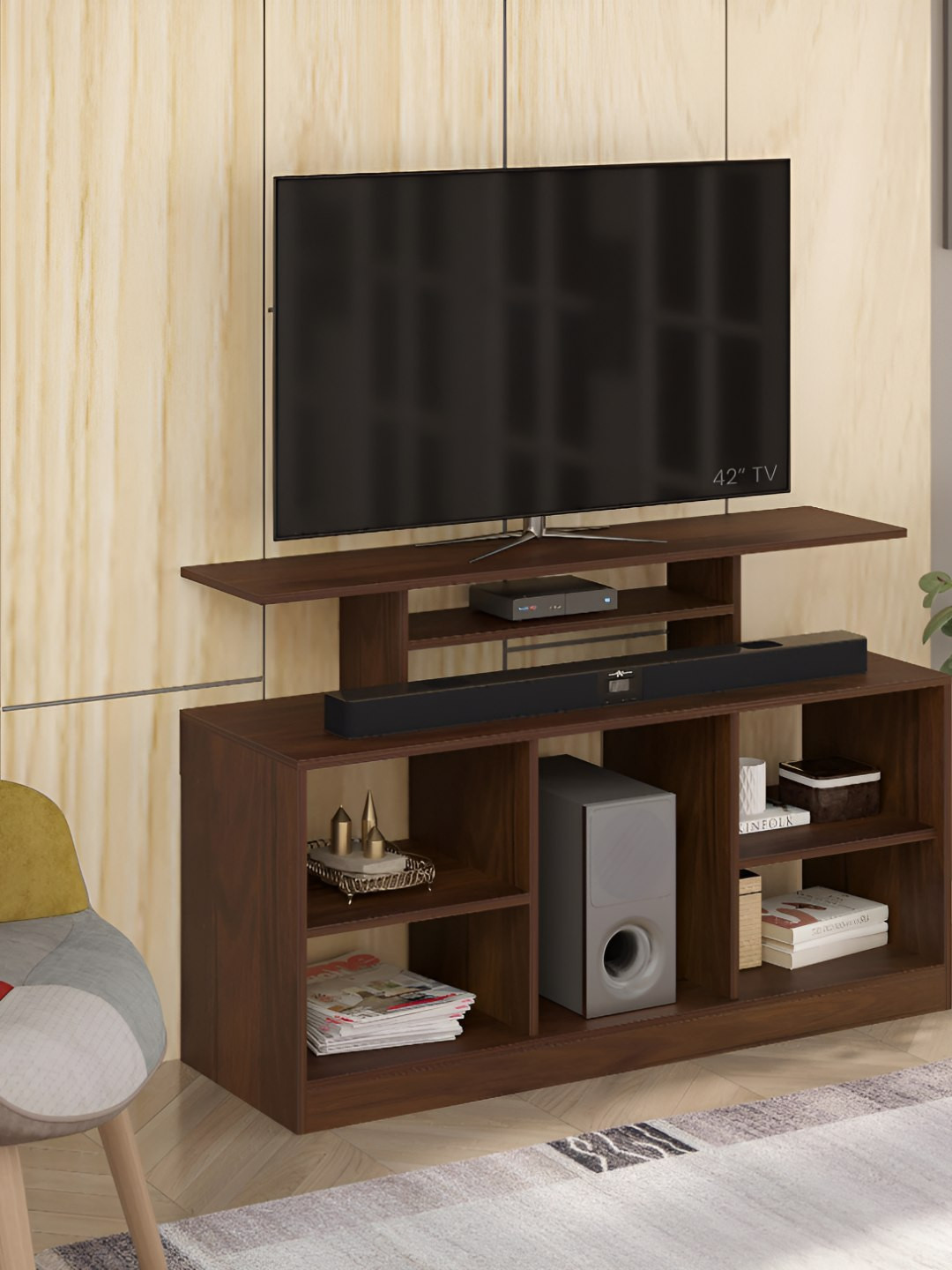 bluewud Brown Bevlyn TV Entertainment Unit With Shelves For Books & Dcor