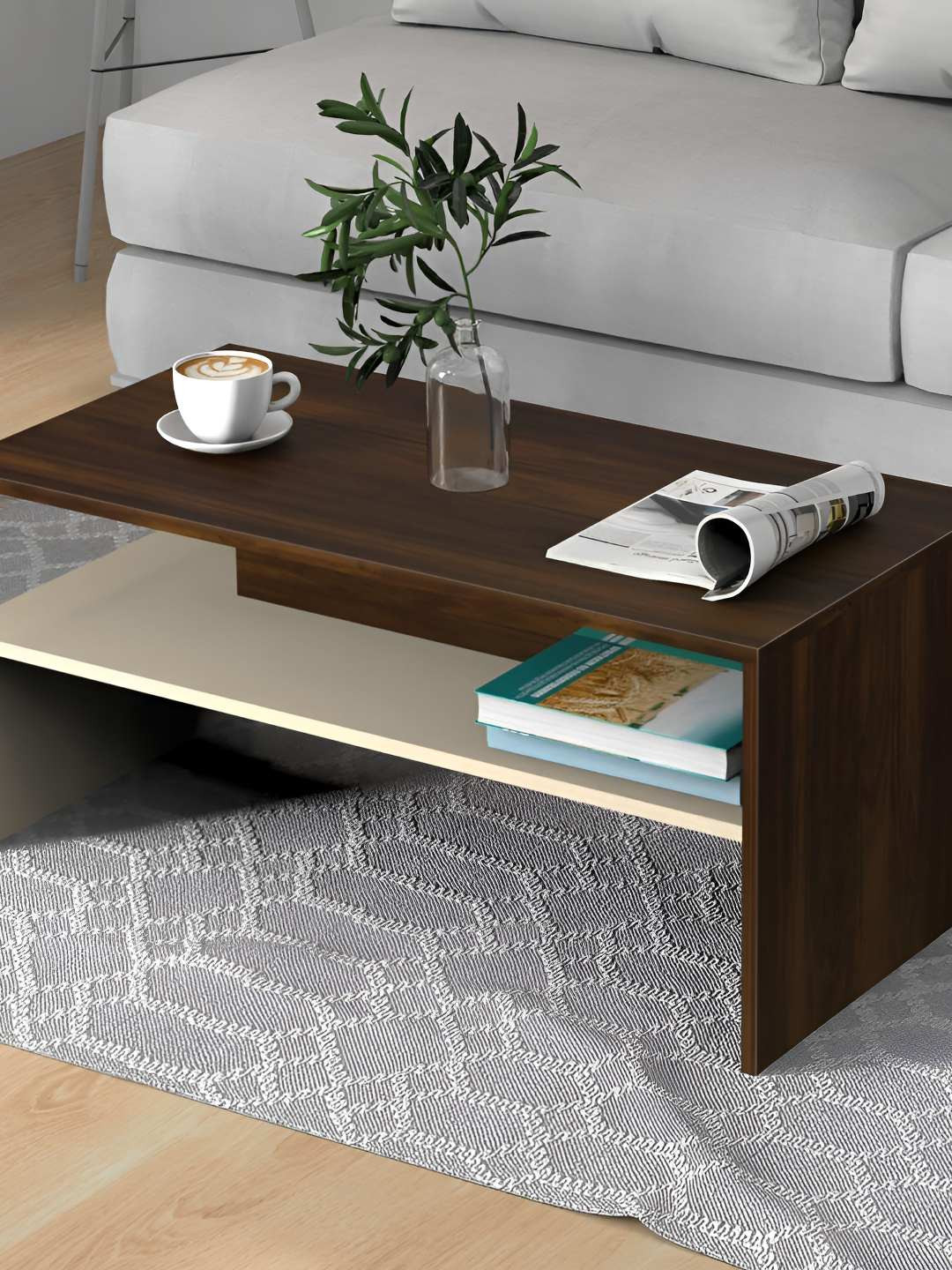 bluewud Taurley Brown & Beige Textured Wooden Rectangle Coffee Table