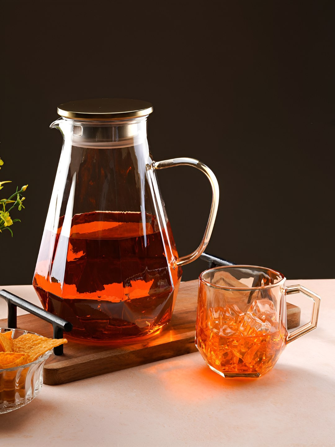 ceradeco Gold-Toned 7 Pieces Dishwasher & Microwave Safe Glass Water Jug With Glasses