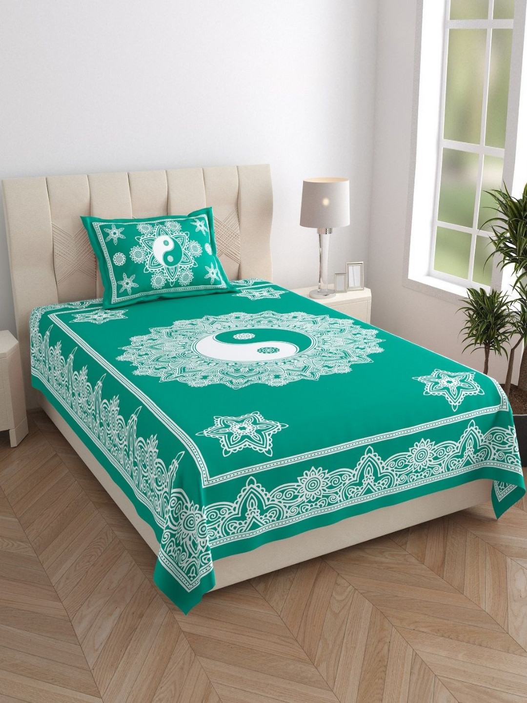 Monik Handicrafts Jaipuri Teal Ethnic Motifs Pure Cotton 144 TC Single Superfine Bedsheet with a Pillow Cover-182.88 x 121.92 cm