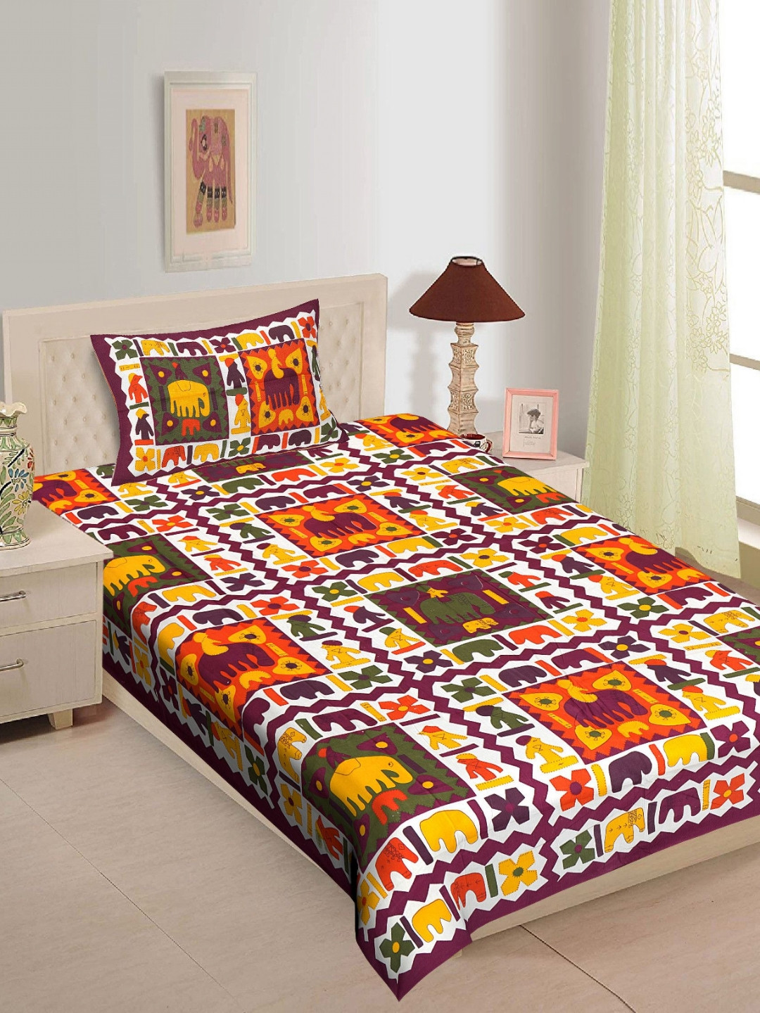 POORAK Book Fold Orange Ethnic Motifs Cotton Breathable 104 TC Single Coarse Bedsheet with a Pillow Cover-63 x 90 inches