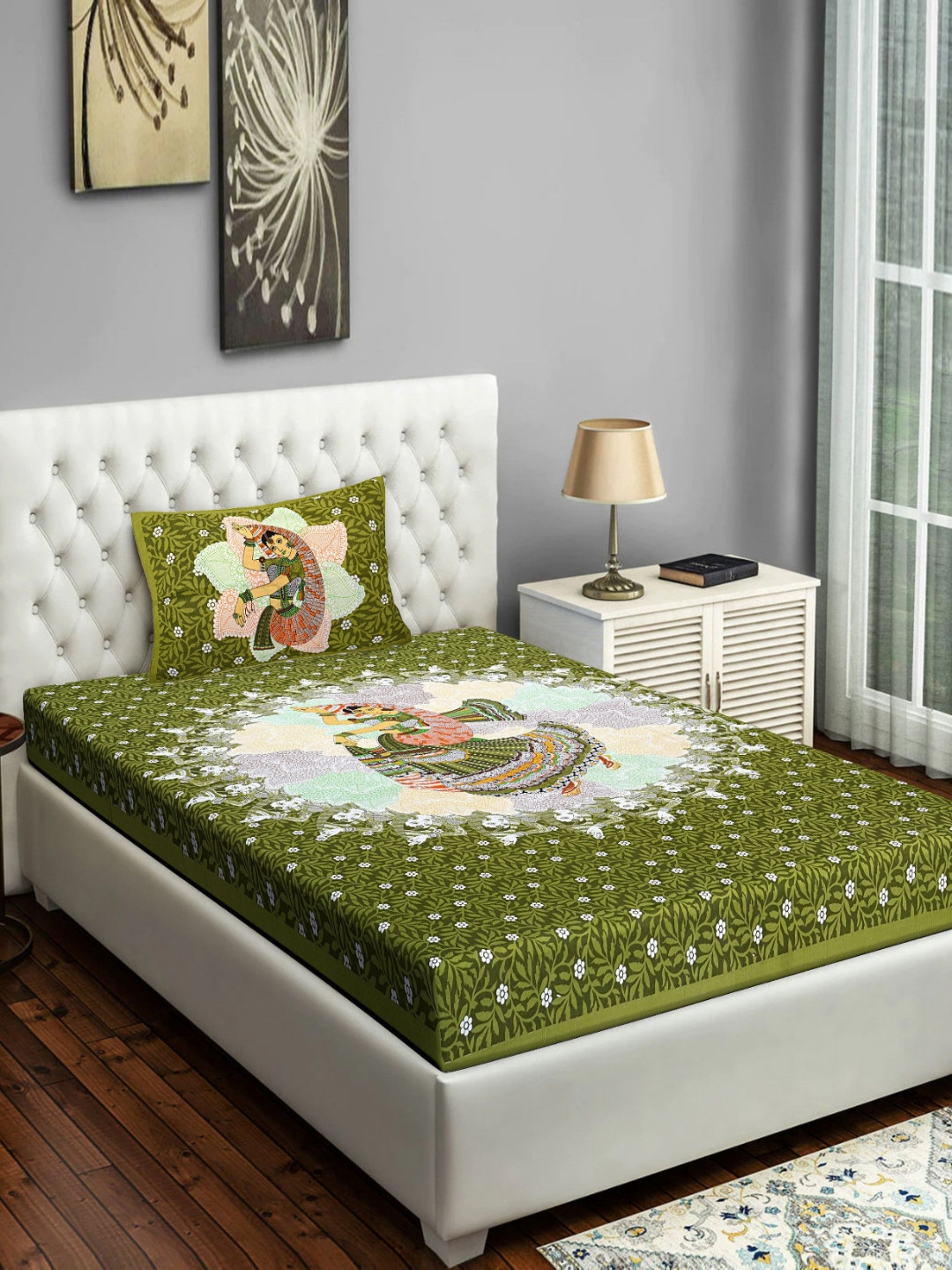 POORAK Ethnicity Green Ethnic Motifs Cotton Breathable 104 TC Single Coarse Bedsheet with a Pillow Cover-229 x 160 cm