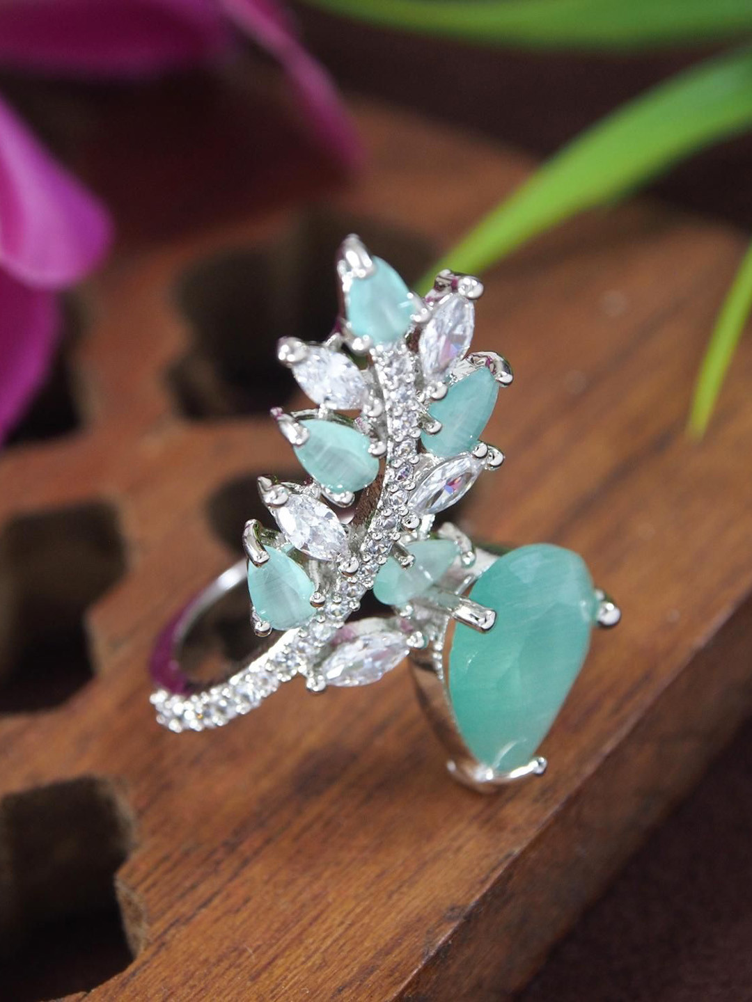 SGA FASHION Silver-Plated Zircon & Ameircan Diamond Studded Finger Ring