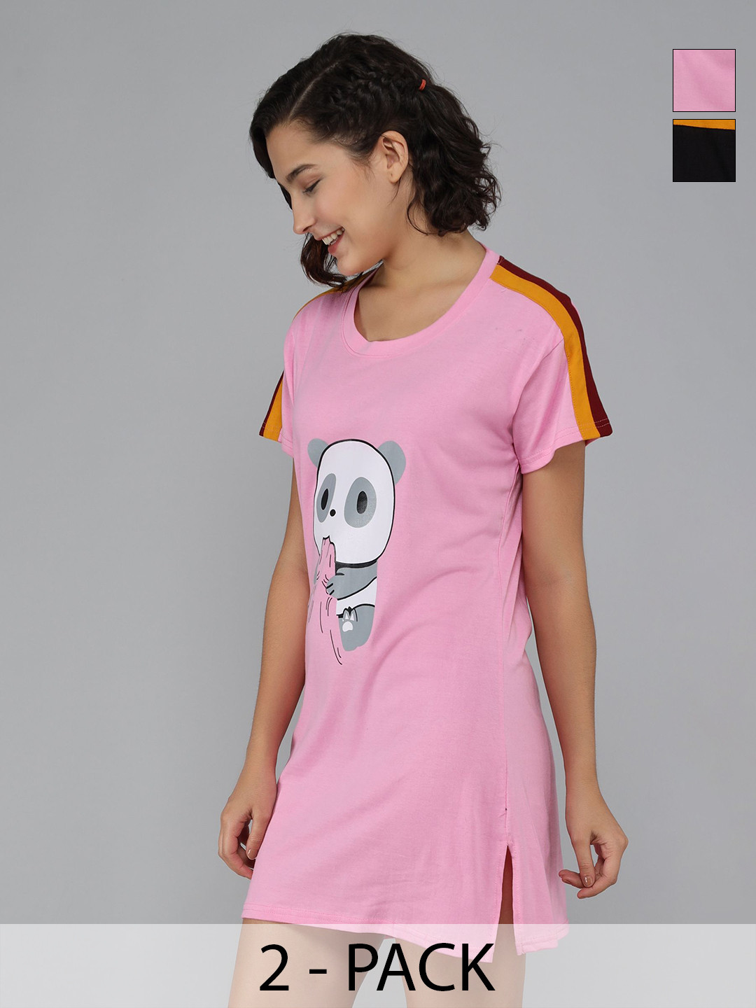 Christy World Animal Panda Printed Pack Of 2 Round Neck Cotton T-shirts