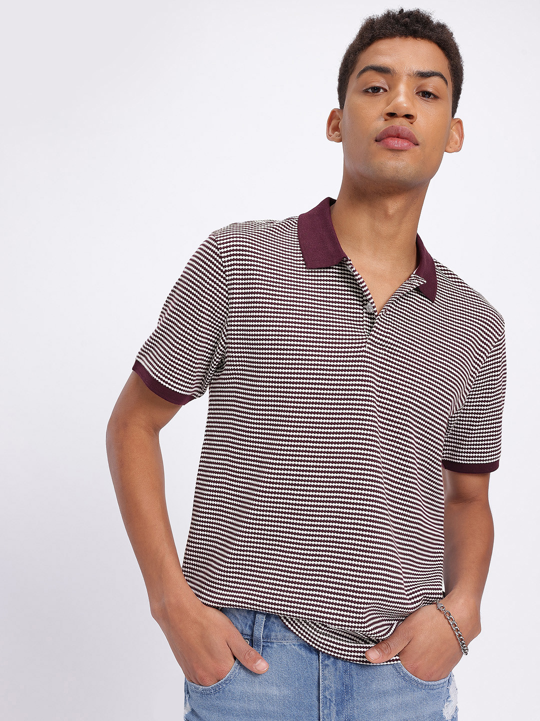 glitchez Stripes Self-Design Polo Collar T-shirt