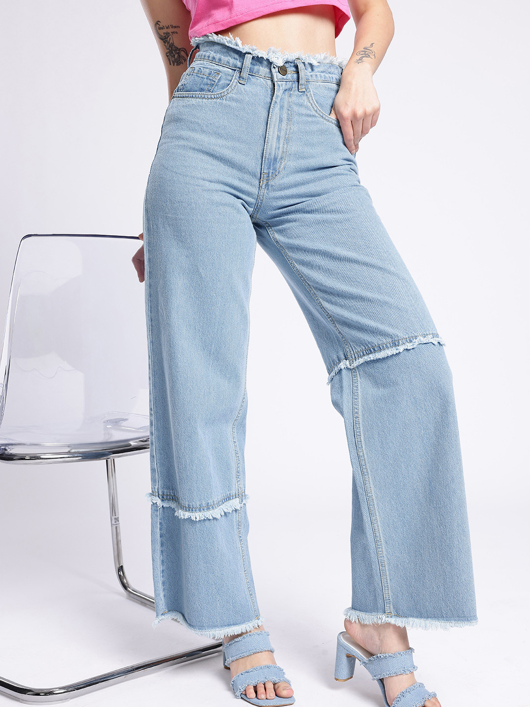 glitchez Women Frayed Baggy Wide-Leg High-Rise Jeans