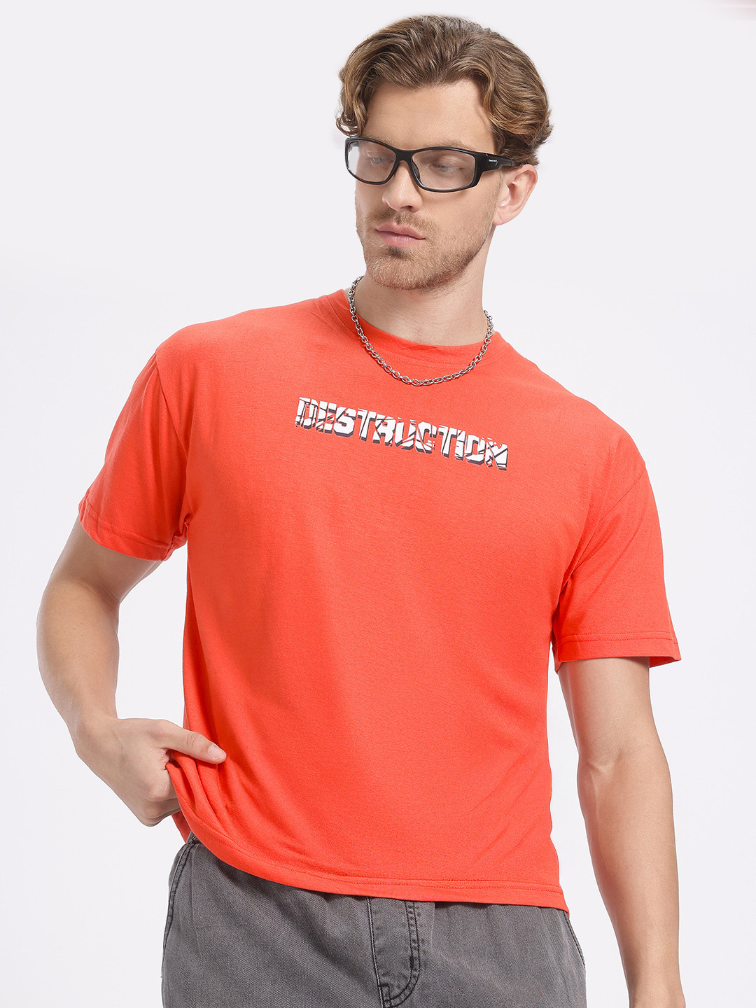 Coral Boxy Oversized Typography Shirt